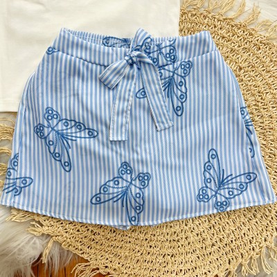 Conj Blusa Off e Shorts Saia Listrado com Borboletas